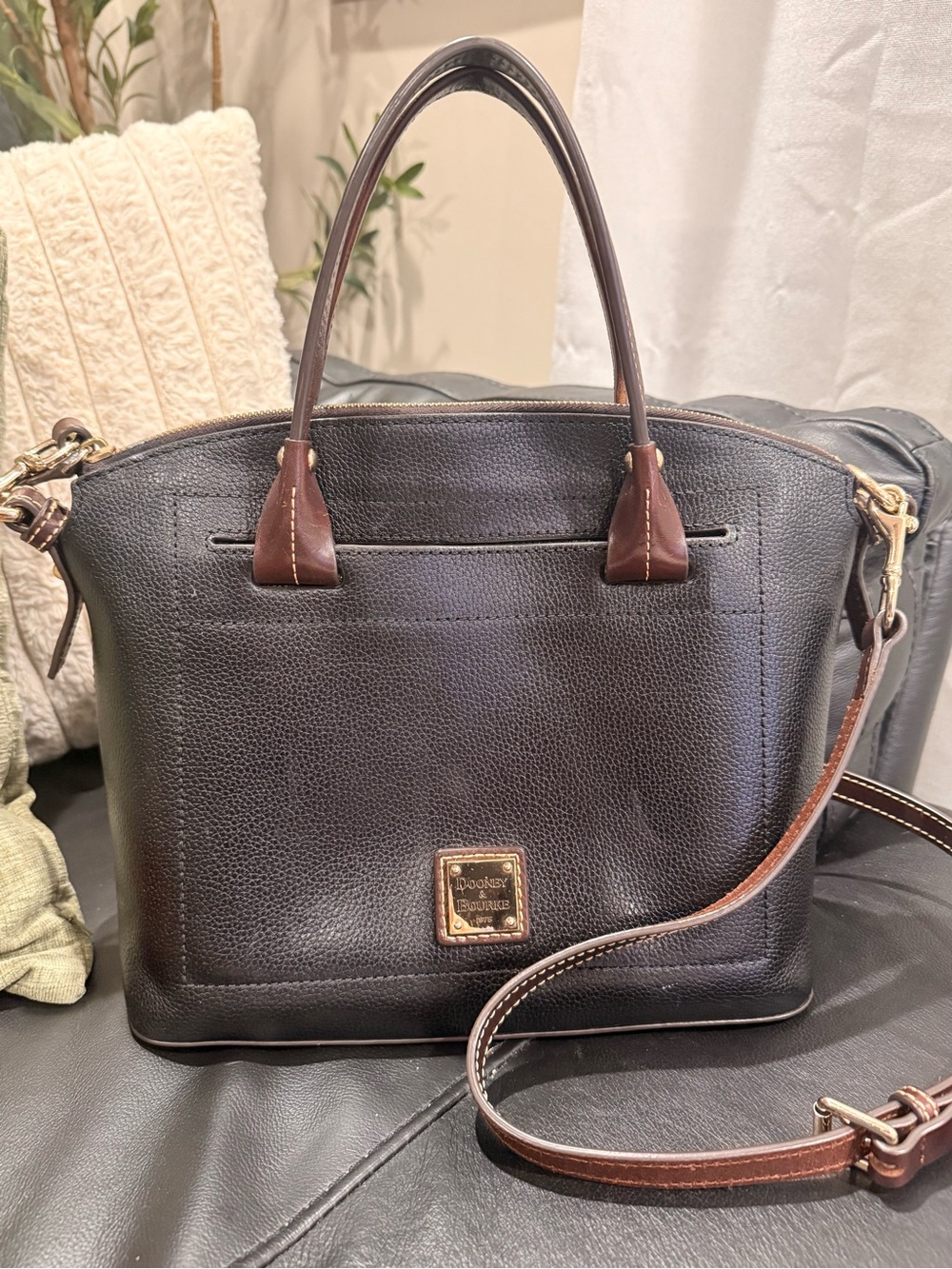 Dooney & Bourke Black Pebble Leather Satchel with Brown Trim